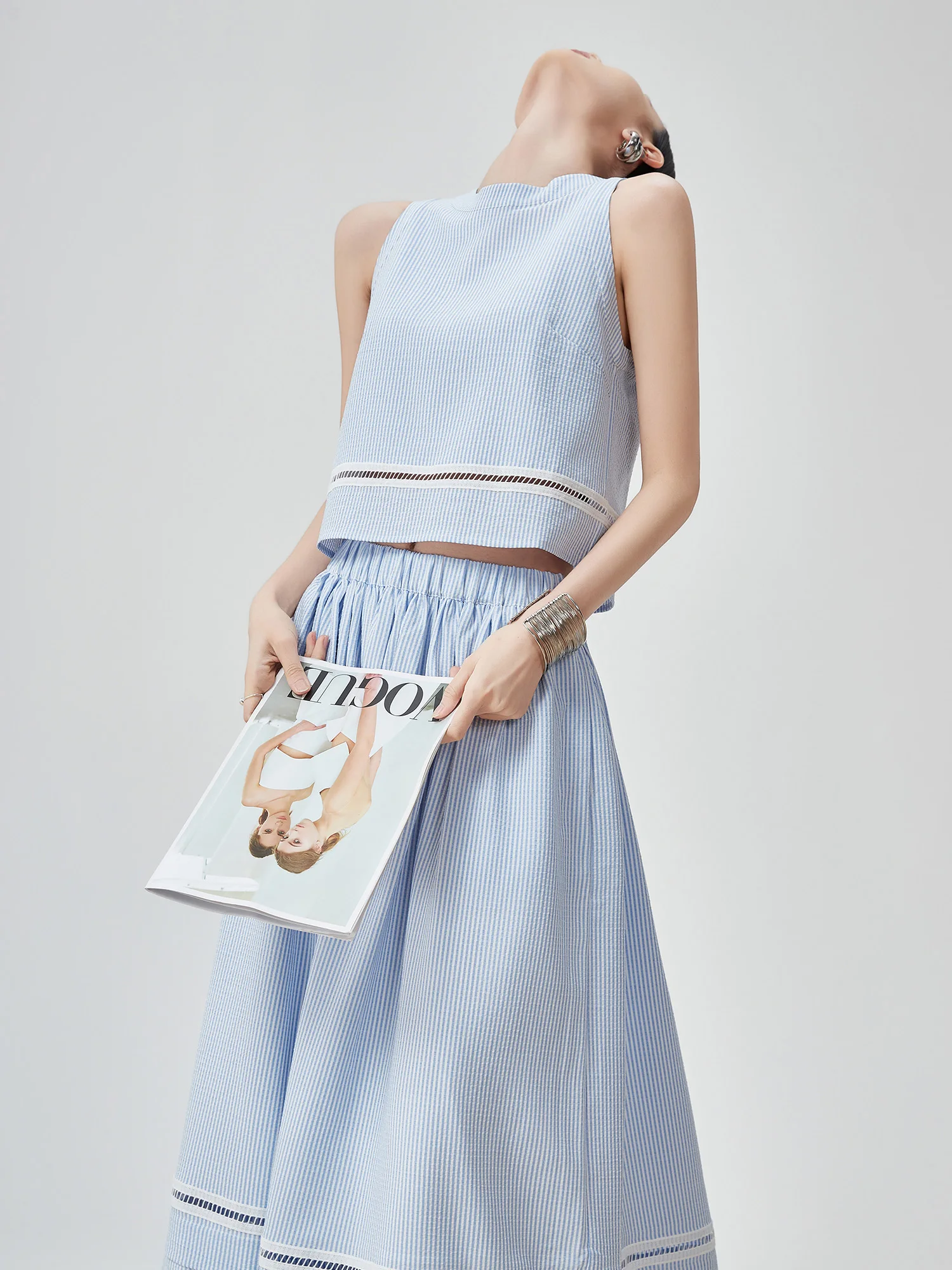 

Сине-белый полосатый кружевной топ с вырезами в морском стиле и свободная юбка-полусолнце, комплект из двух предметов, корейский стиль, летняя мода