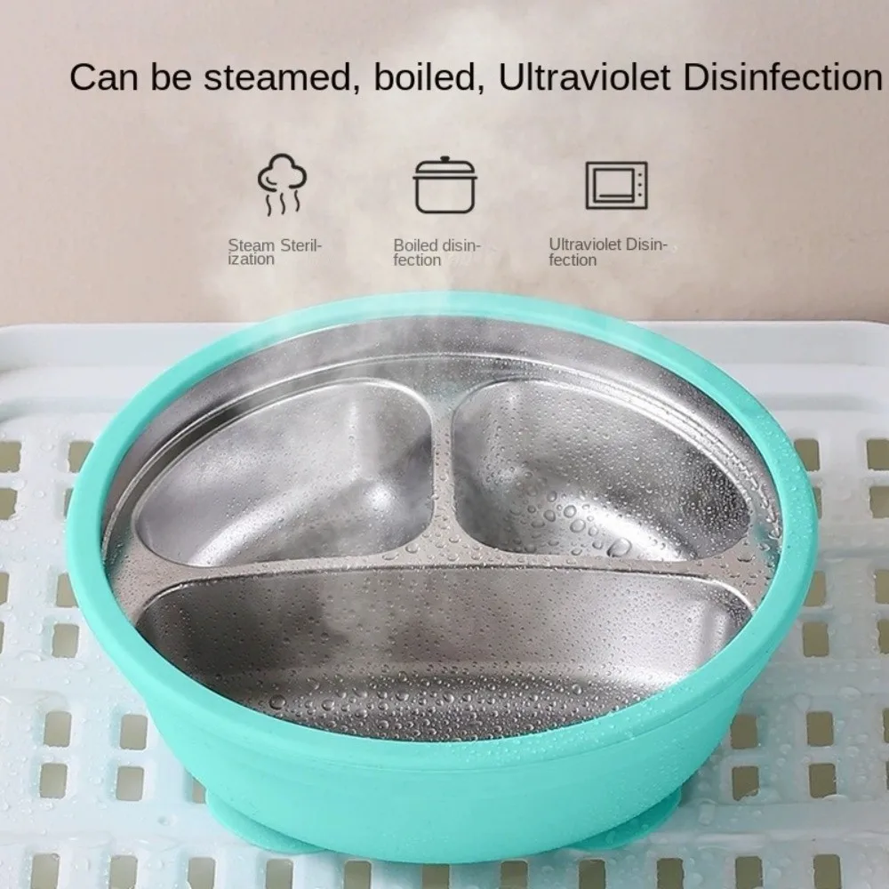 Silicone Suction Cup Baby Sucker Dining Plate Divided Design Thermal Insulation 3 Grids Children Dishes 304 Stainless Steel