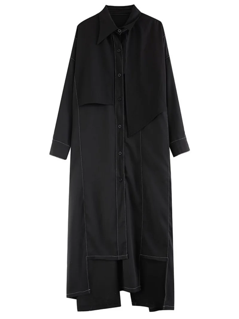 Große Größe Vielseitiges Unregelmäßiges Kleid Für Frauen 2025, Herbst Neue Dunkle Stil Lose Große Größe Spleißen Hemd Kleid w454