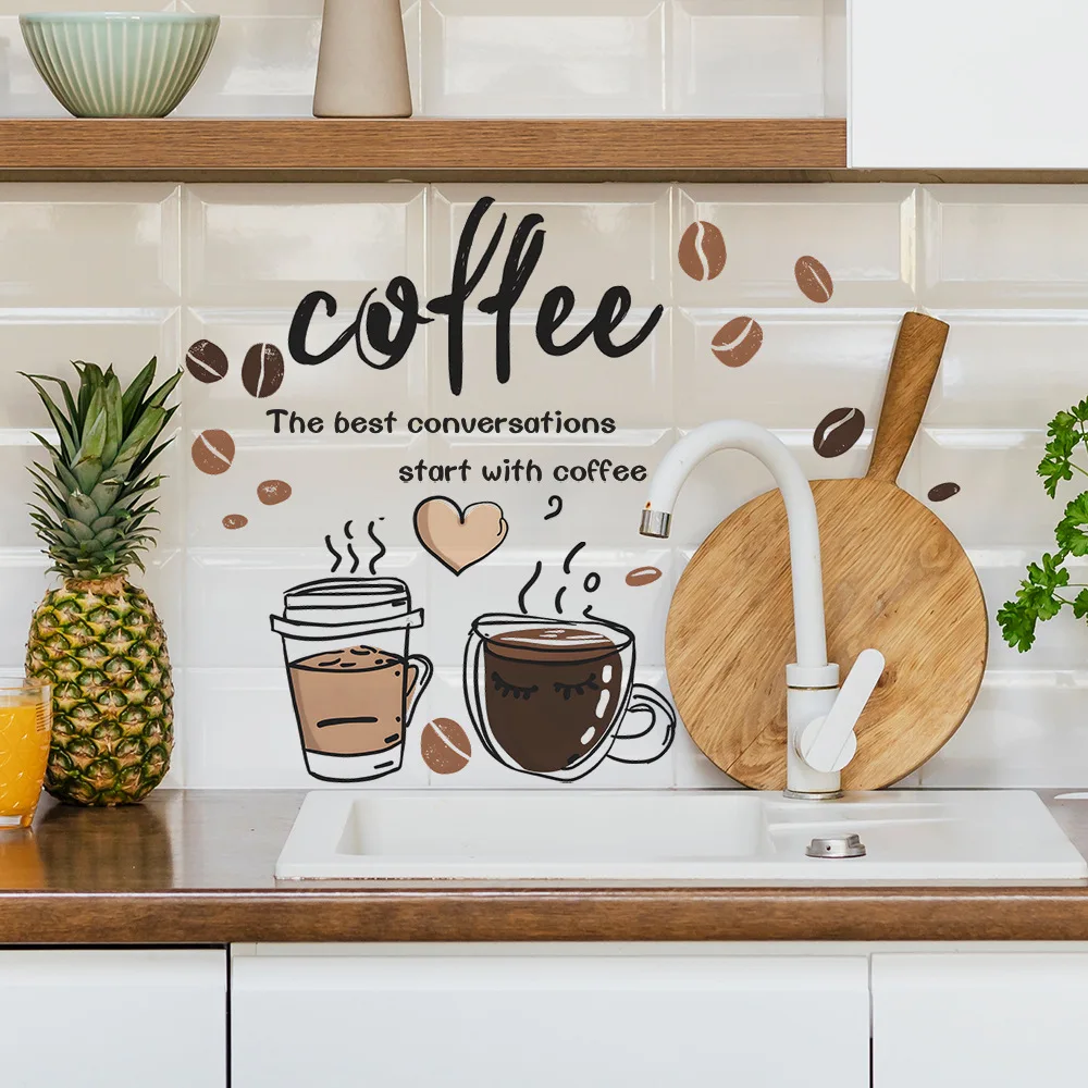 Creative Wall Stickers Coffee Cup Pattern Cafe Living Room Decor Cabinet Art English Home Decoration Self-adhesive Wallpaper