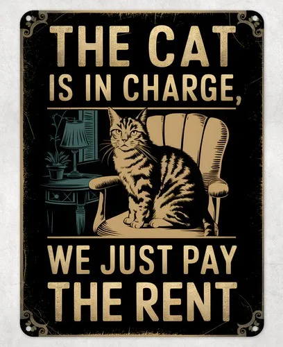 The Cat is in Charge Funny Metal Poster Wall Tin Sign Man Cave Shed Home Plaque --Tin Sign
