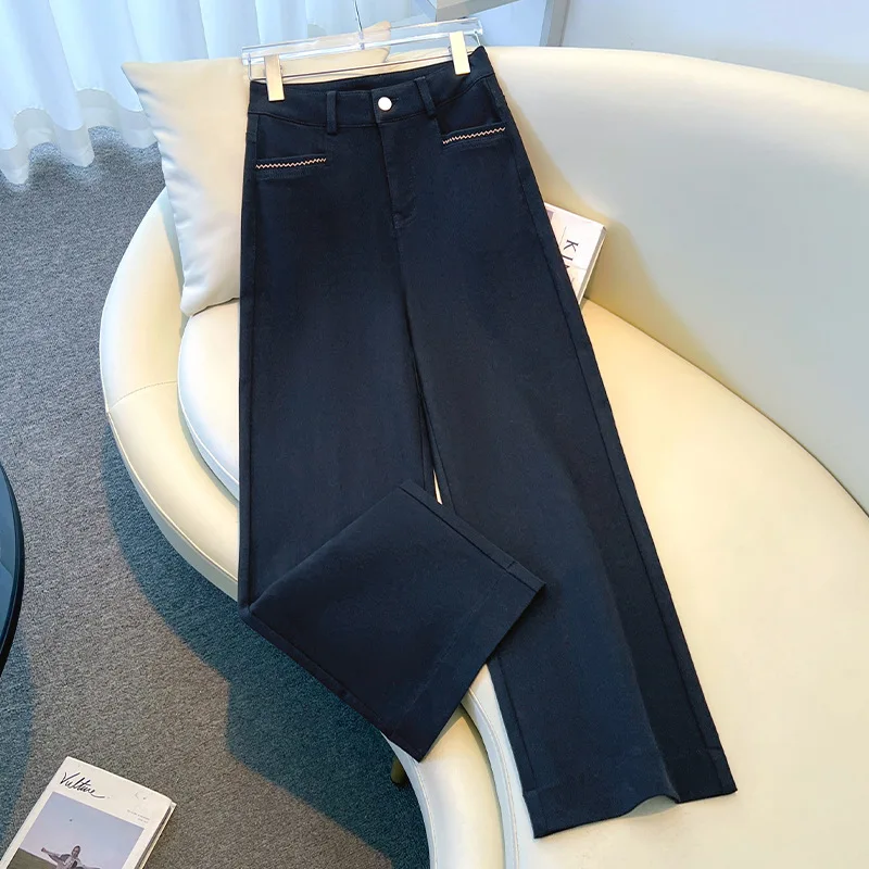 

Navy Blue Casual Wide-Leg Pants for Women, Autumn New High-Waisted Loose Slimming Draped Narrow Straight Long Pants