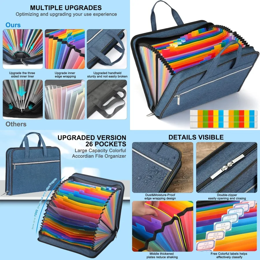

SEEKIND Accordian File Organizer with Handle 26 Pockets Expanding File Folder for Letter Size/A4 Documents Portable Cloth Docum