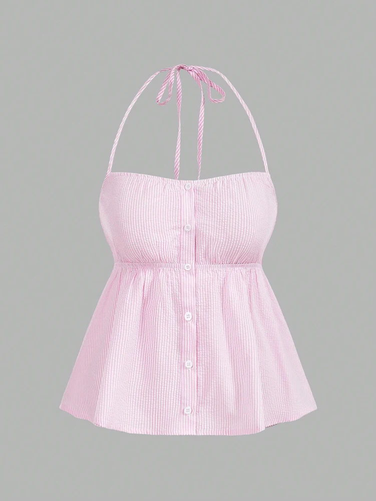 بلوزة نسائية بمقاس كبير على شكل مروحة عصرية ذات نسيج متجعد ومخطط ورقبة على شكل ربطة عنق وبنطلون فضفاض غير رسمي طقم مكون من قطعتين لـ