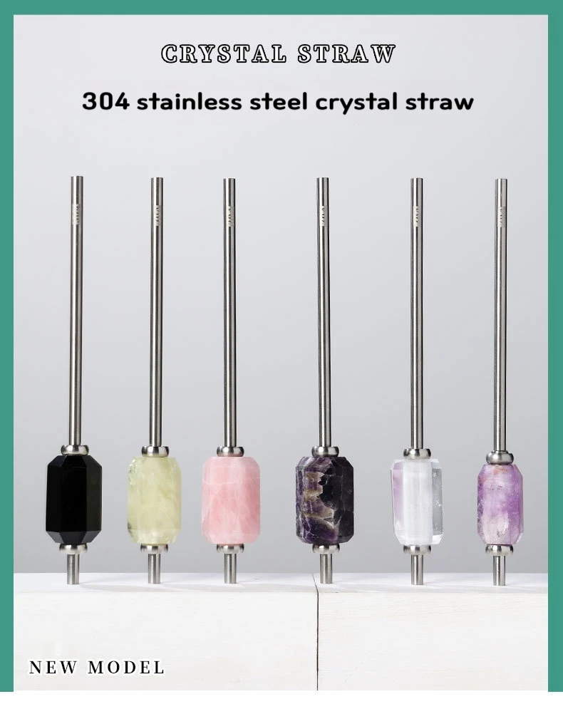 

Natural Crystal Raw Stone Bar, Hexagonal Prism, Crystal Column, 304 Stainless Steel Straw, Energy Bar