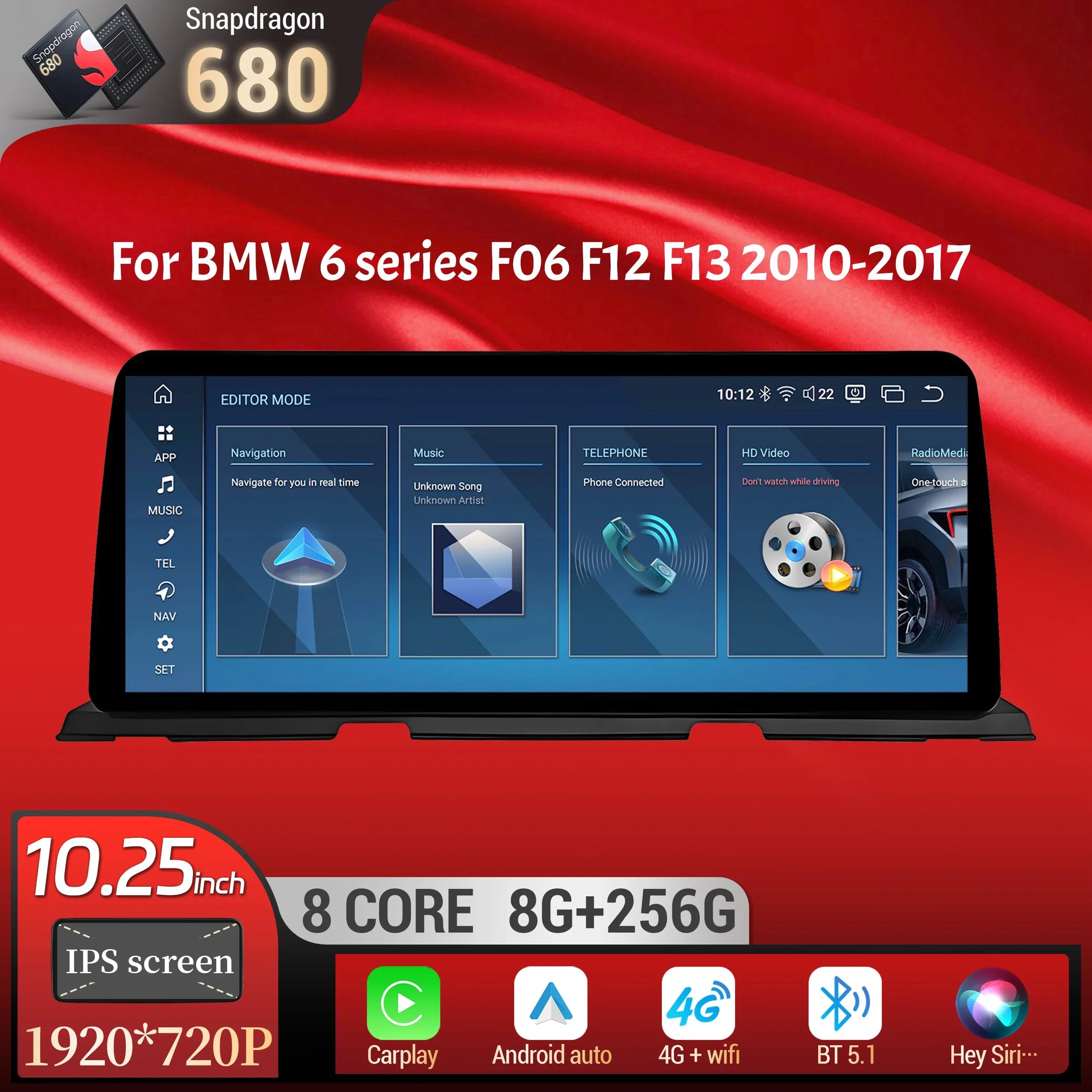 10.25 inch Android 14 Car Radio Wireless BT Carplay Snapdragon 680 Head Unit Touch Screen For BMW 6 series F06 F12 F13 2010-2017