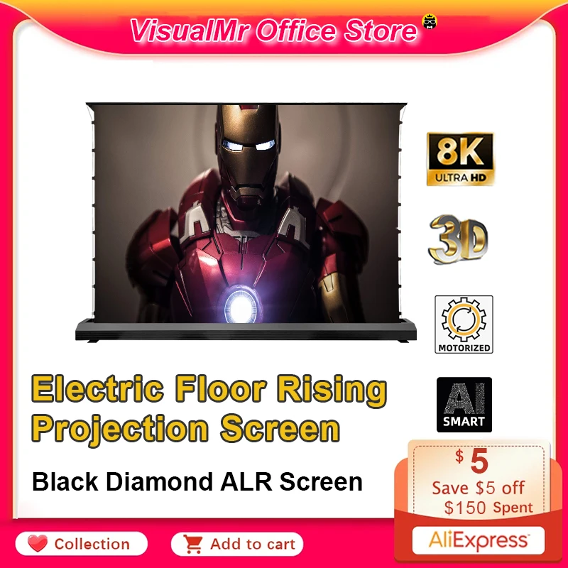 VisualMr Electric Floor Rising ALR Black Diamond Projektionswand 3D/4K Umgebungslicht abweisend für normalen Projektor 72-150 Zoll