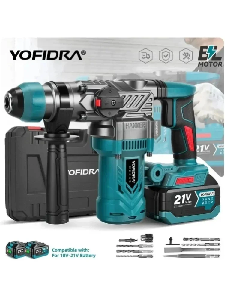 YOFIDRA 26-mm-Bürstenloser Elektrohammer, Schlagbohrmaschine, multifunktionaler Akku-Schraubendreher, Drehwerkzeug für Makita 21-V-Akku