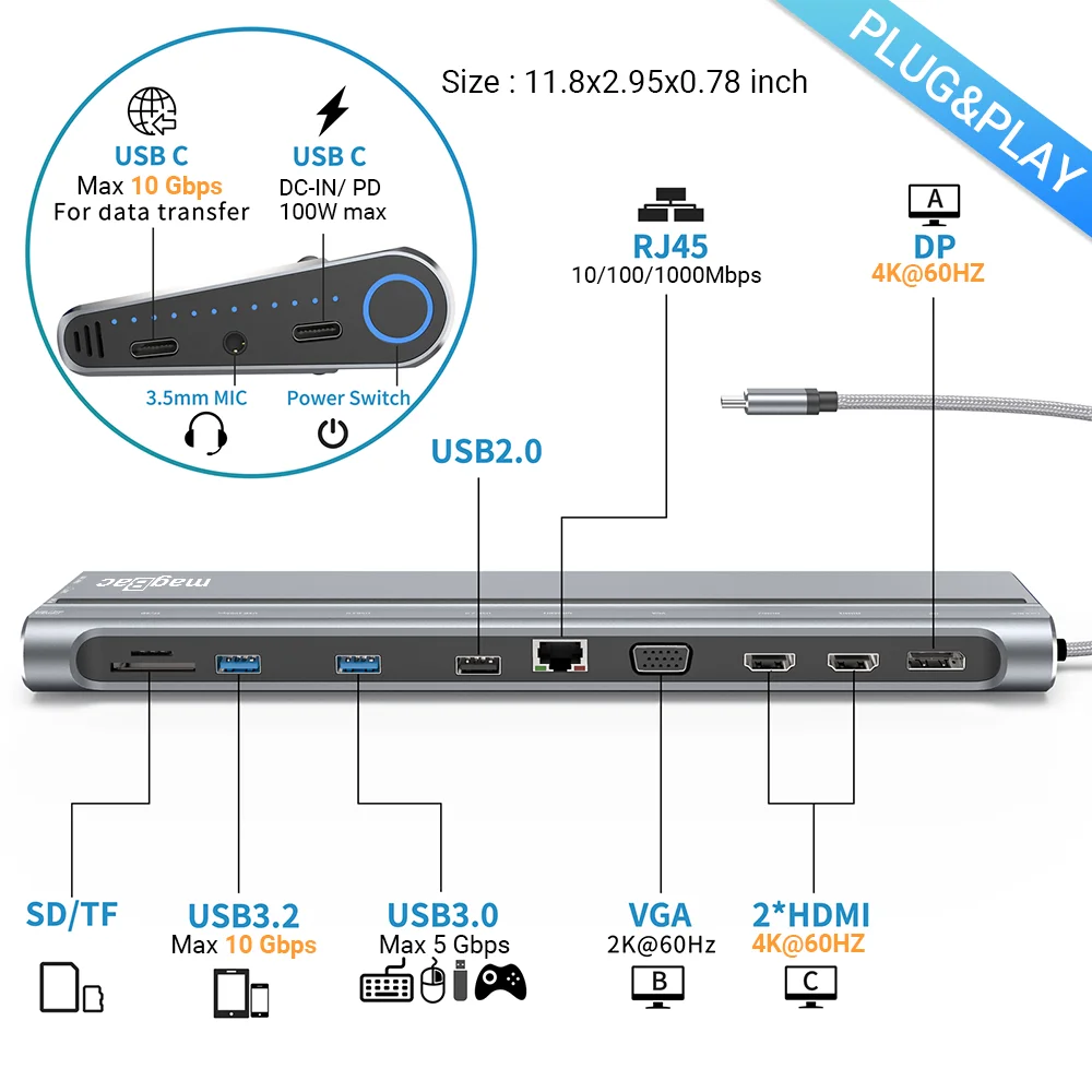 Laptop Docking Station USB C Dual HDMI 4K 60HZ DP VGA 10Gbps Type C Hub Dock for Thunderbolt 4/3 Lenovo Thinkpad Dell XPS ASUS