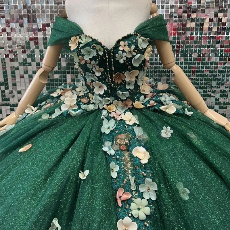 Luxury Green Ball Gown Quinceanera Dress 2023 PrincessFlower Long Sweet 15 16 Years Girl Birthday Party Formal Wear Gift Pageant