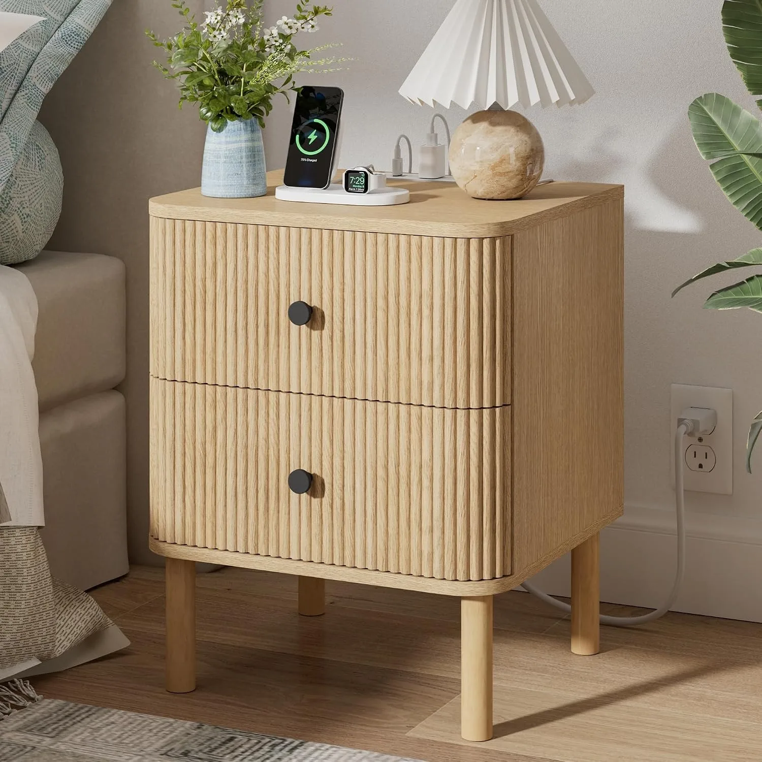 Fluted Nightstand with Charging Station, Soft Rounded Drawer Fronts and Solid Wood Cylindrical Legs, Customized