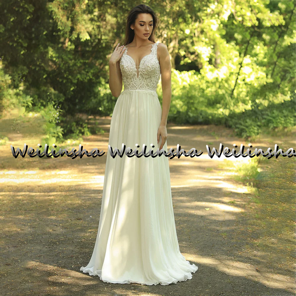 Weilinsha Wedding Dress Boho Spaghetti Straps Sleeveless Appliques Lace Bohemian  Gowns Sweep Train 2022