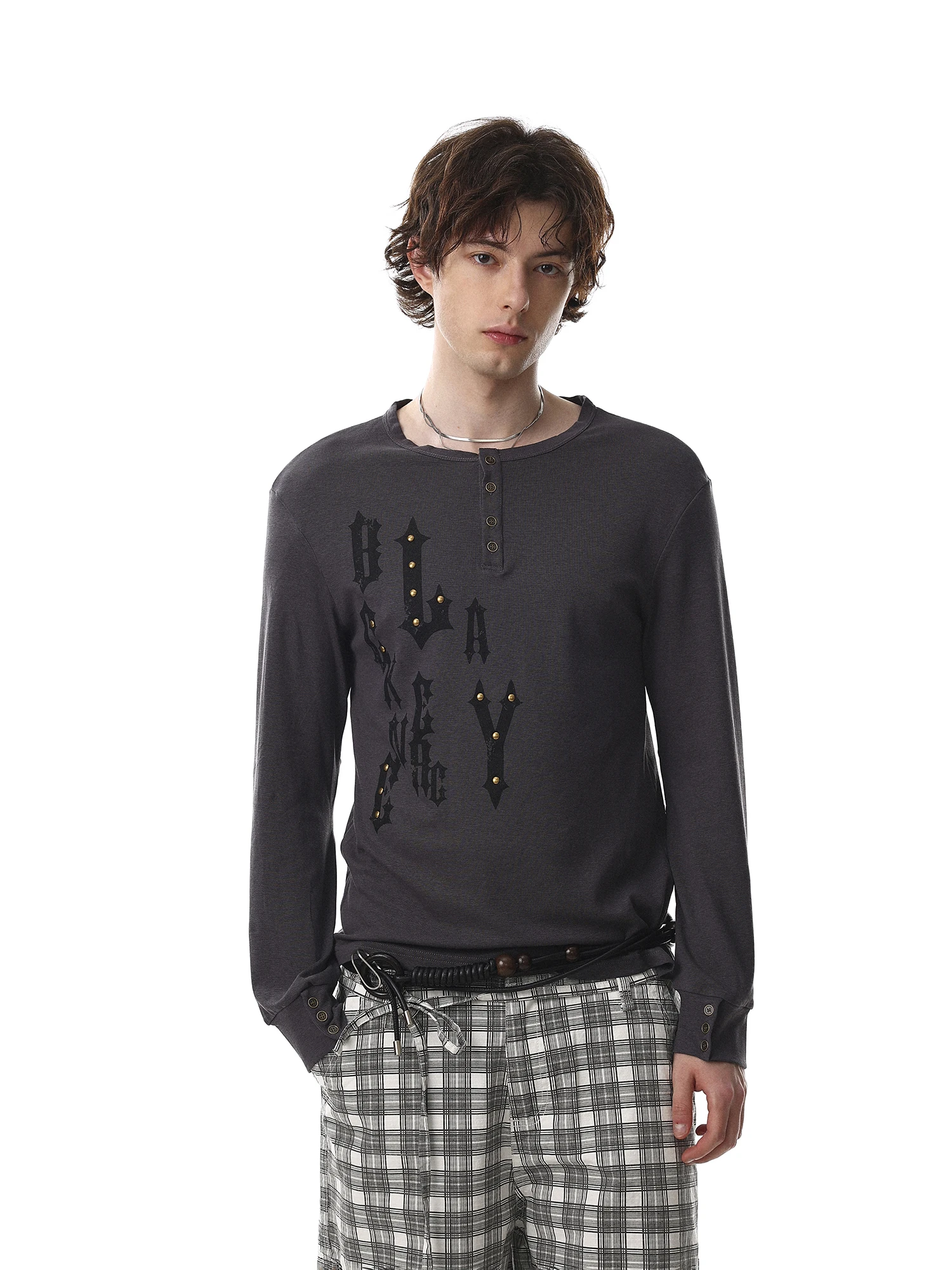 American Style Street Casual Long Sleeve T-Shirt Men's Vintage Letter Print Henry Collar Top Copper Nails Loose Fit Cotton
