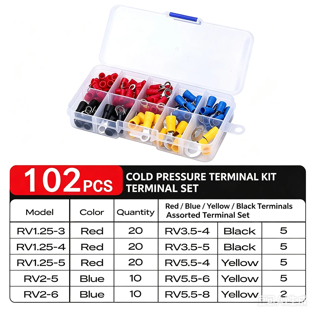 102Pcs RV Pre‑insulated Ring Cold Press Terminals Kit O Type Wire Connector Copper Lugs Cable Terminal Assortment Set