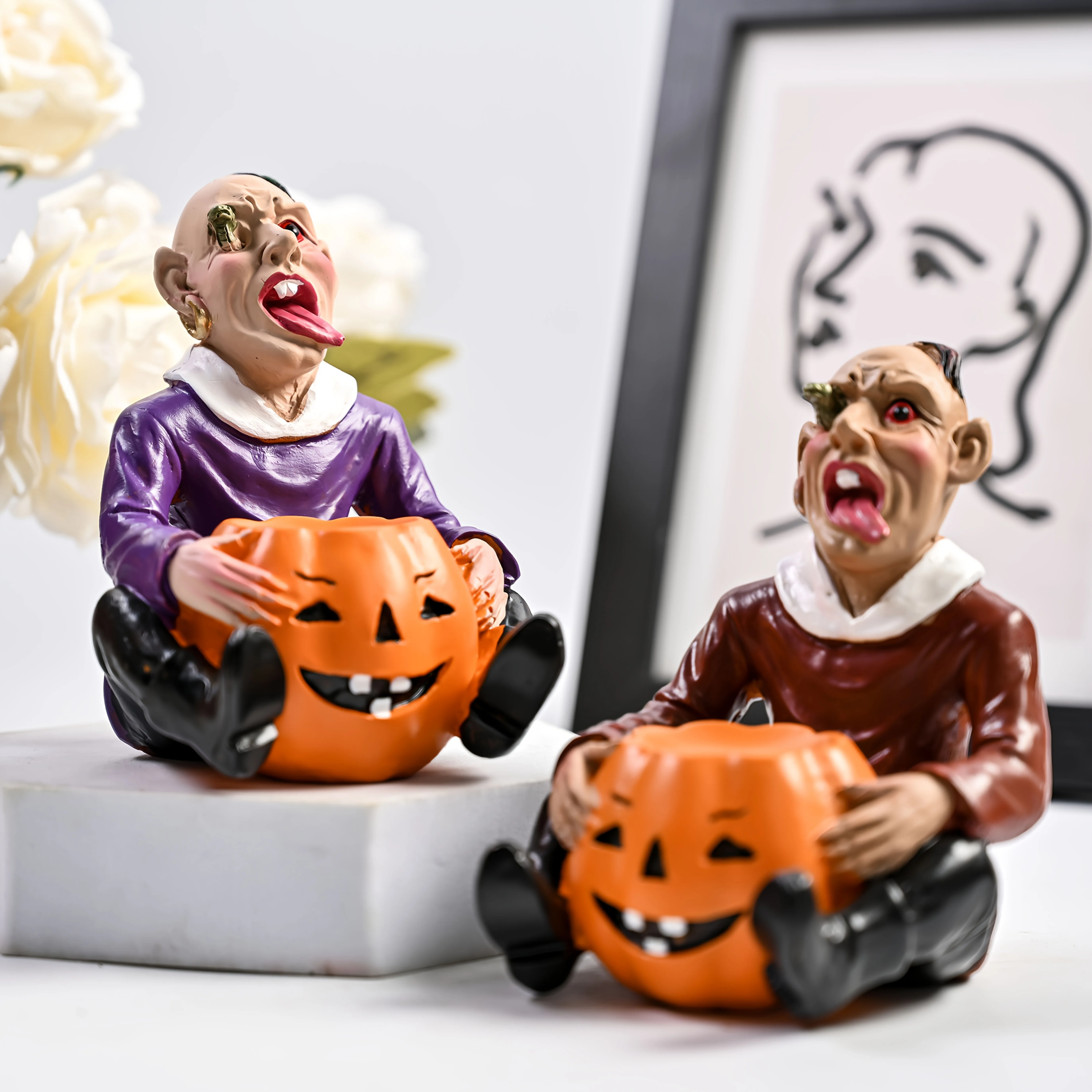 1pc Resin -Like Spherical Pumpkin Figurine Holder - Multi-Holiday Tabletop Decor (Halloween/Christmas/Easter)