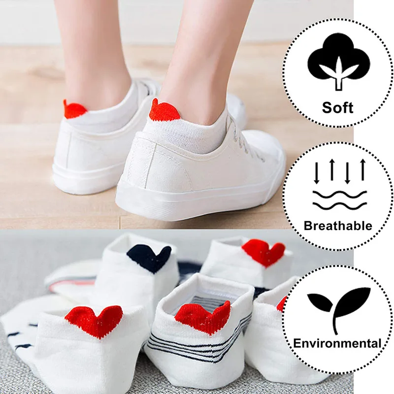 5 Pairs Women Funny Ankle Socks Novelty Fashion Cartoon Heel Heart Low Cut Socks Cute Print Summer Cotton Short Socks