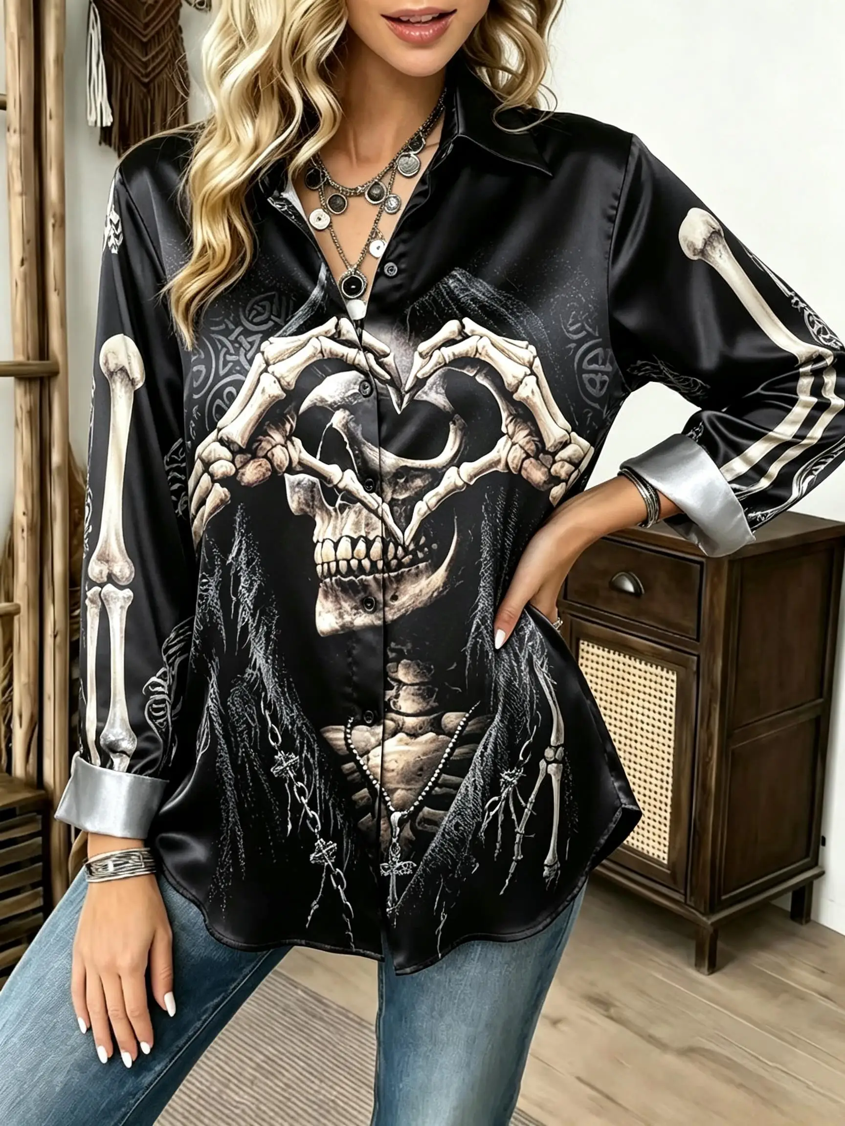 Women Lapel Long Sleeve Satin Shirt Halloween Skeleton Line Skull Heart‑shape Gesture Print Casual Loose Button‑Down Blouse Tops