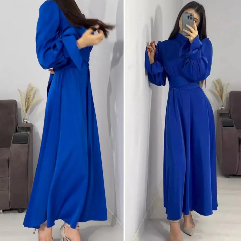 

Commuting Dress Elegant Puff Sleeve Maxi Dress for Women Stand Collar A-line Pleated Party Prom Dress with Tight Waist for Fall