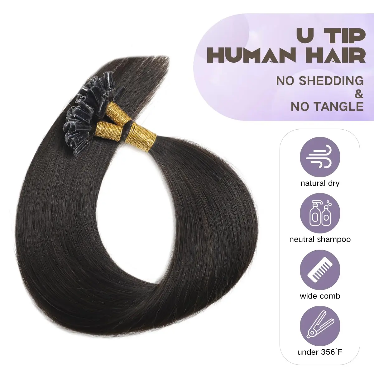 Extensiones de cabello liso con punta en U, cabello humano negro Natural, Remy, paquete de 100 hebras, n. ° 1B