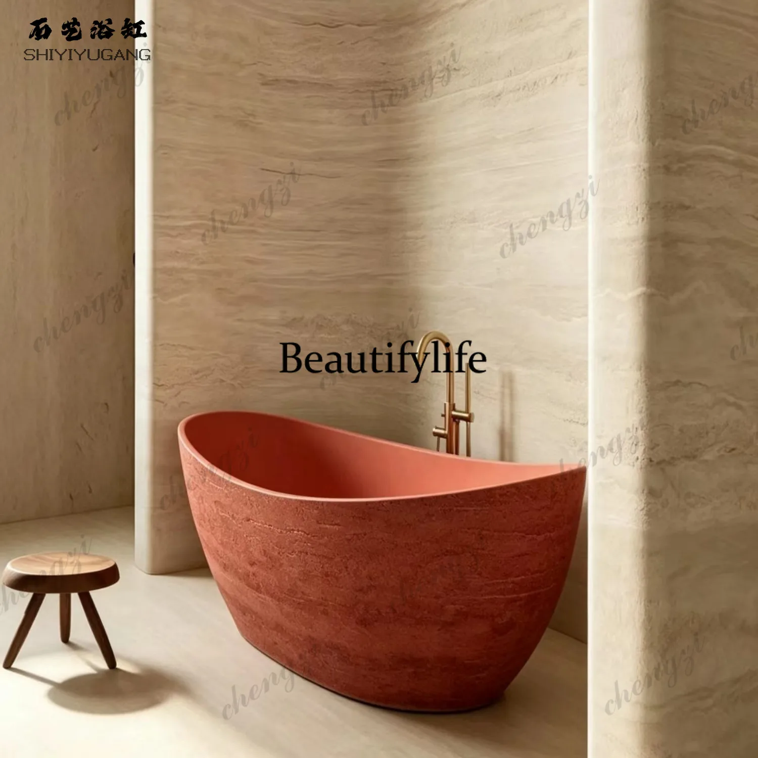 Stone art French retro red travertine marble detached bed and breakfast, outdoor bathtub
