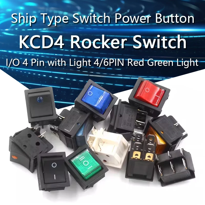 KCD4 Rocker switch ship type switch rocker power button I/O 4 Pin with Light 4/6PIN red light green light 16A/30A 250v ON-OFF/ON