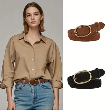 Suede Cowhide Leather Belt with Gold Buckle Women's Decorative Korean Style Belts Elastic Waistband for Dresses Jeans