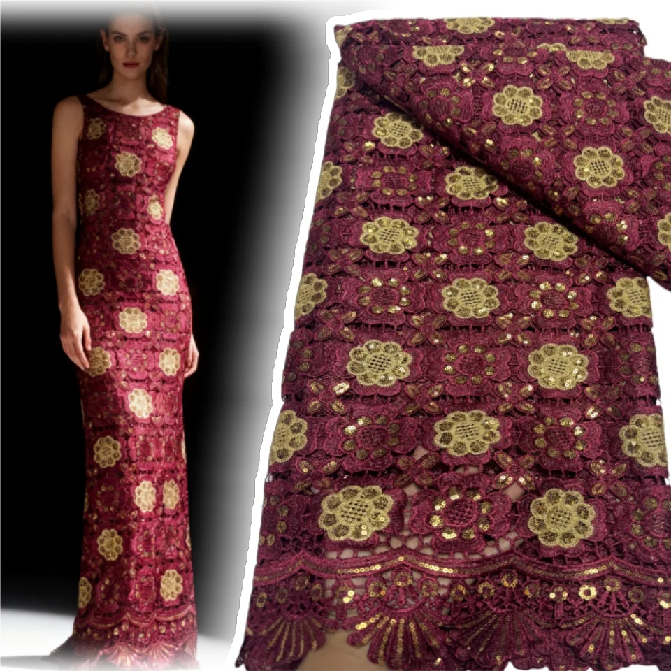 

Latest African Guipure Cord Lace Fabric Nigerian Embroidery Water Soluble Mesh Materials Dentelle Africain for Party Dress 1884