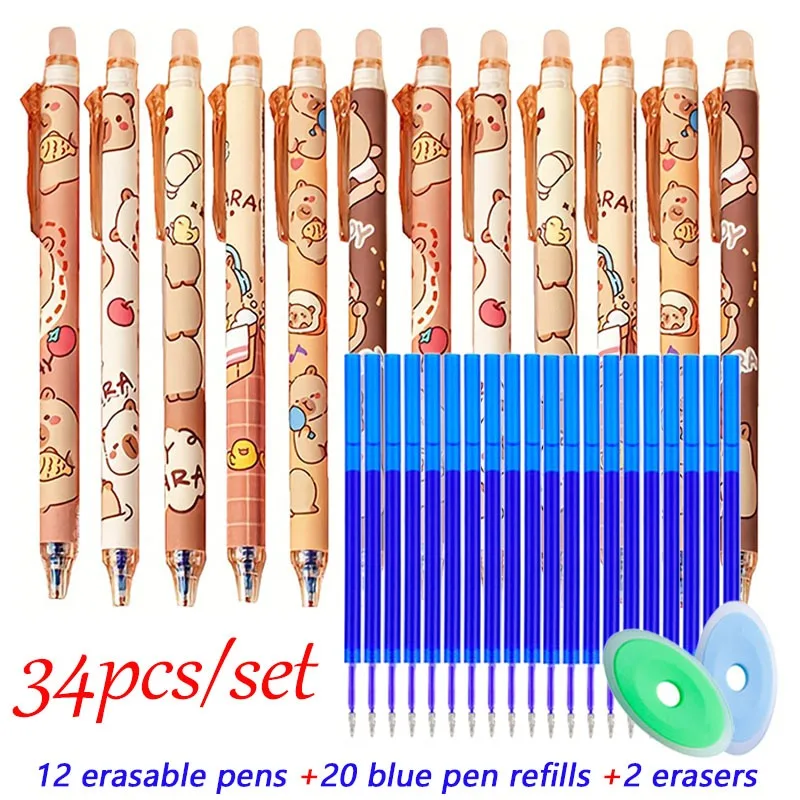 34pcs/set Cute Capybara Erasable Gel Pen 0.5mm Blue Ink Retractable/Fine Dot Suitable for School Supplies Office Teacher Gifts