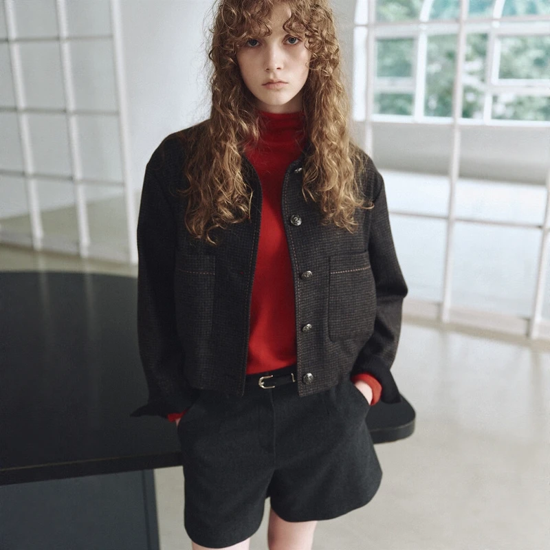 Retro Plaid Short Coat Women's Loose Fit Button up Long Sleeve Autumn Winter New Style Commute Outerwear Personate Pattern