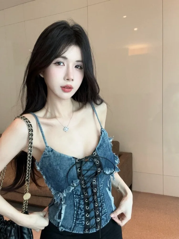 

Korean Style Vintage Distressed Denim Leather Banded Strap Top Women's plus Size Commute Style Pear Body Type Fit