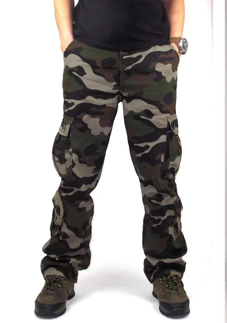 Pure Cotton Multi-pocket Loose Straight Cargo Pants Men Spring Autumn Outdoor Camouflage Casual Sport Trouser Overalls Plus Size