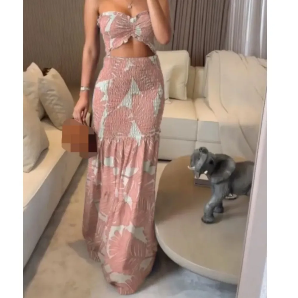 

Hanging Neck Printed Pleated Long Dress Sexy Exposed Waist Spring Summer New Dress Casual Lace Up Vacation Bag Hip Dress