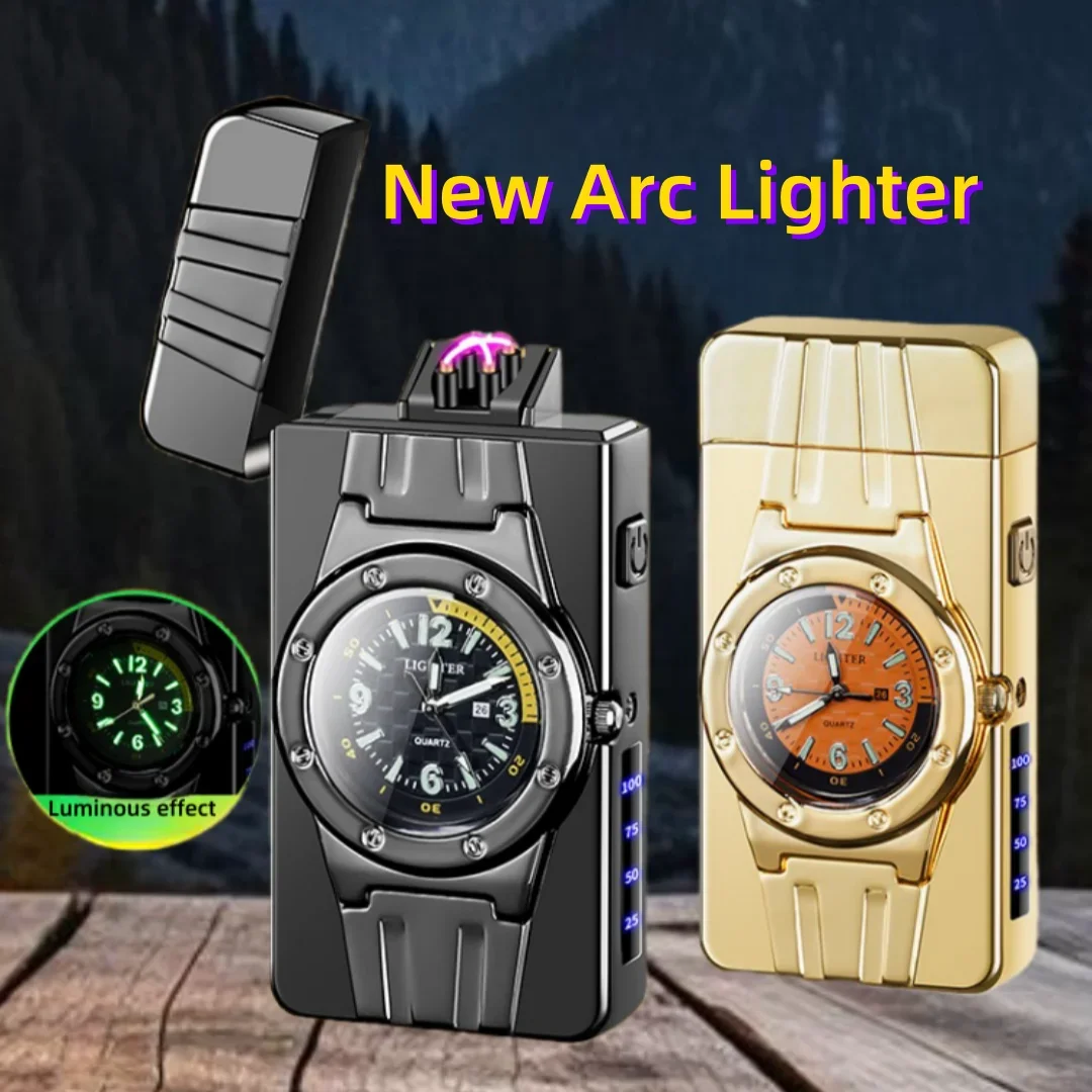 Metal 3D Embossed Real Watch USB Charging Lighter Colorful Dial Digital Power Illumination Lamp Dual Arc Smoking Accessories