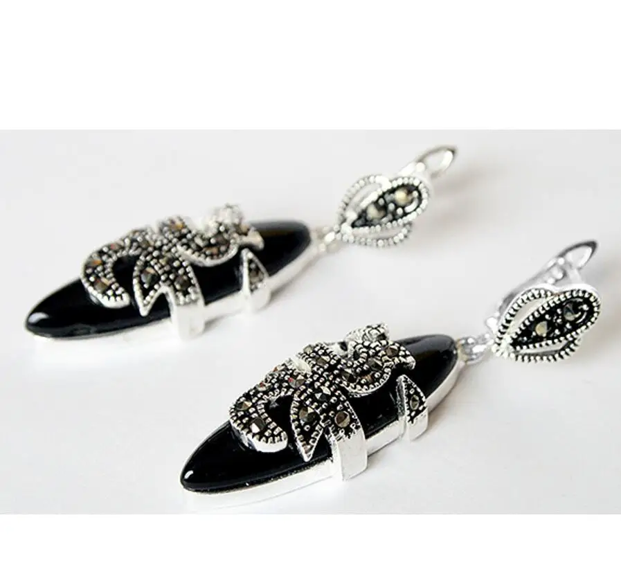 

11/2inch New 925 Sterling Silver & Marcasite inlay Natural BlackNatural jade fashion Earrings