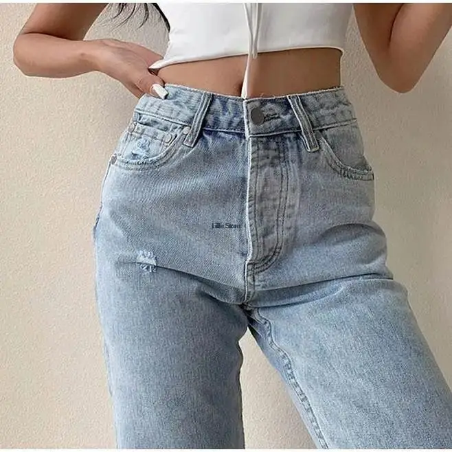 Vaqueros rasgados de talla grande para mujer, pantalones Boyfriend de cintura alta para mamá, Pantalones rectos indefinidos