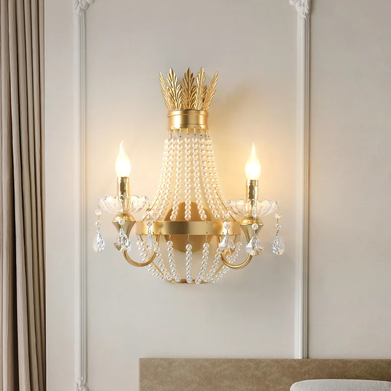 French Light Luxury Romantic Crystal Wall Lamps LED Living Room Corridor Bedroom Bedside Retro Wall Llights Candle Crystal Lamps