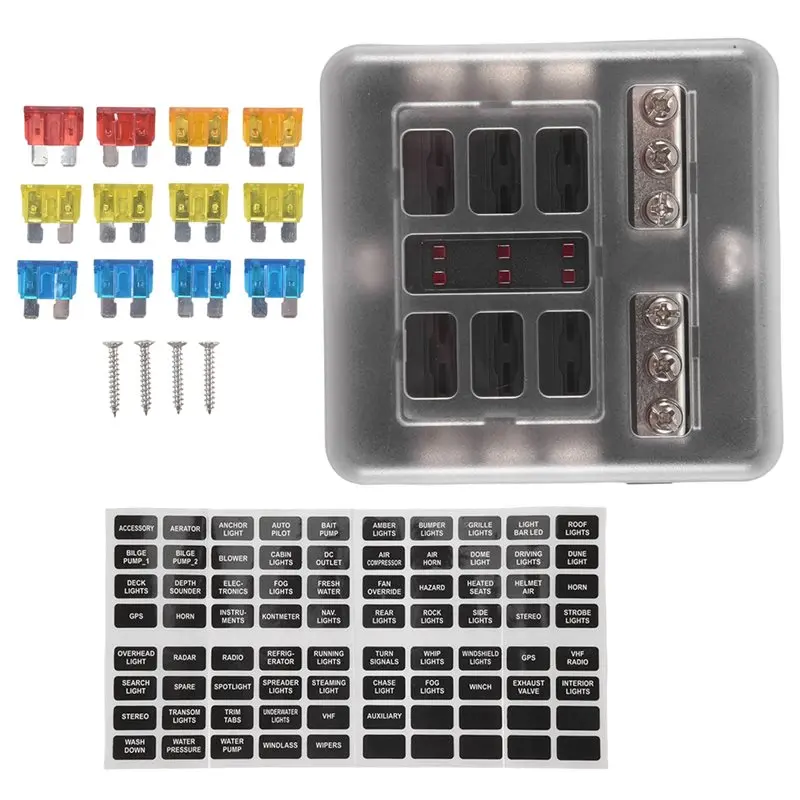 A82U-6-Way Waterproof Fuse Block,With LED Indicator 12 Circuits With Negative Marine Fuse Box For Dc 12/24V Car Boat RV Truck