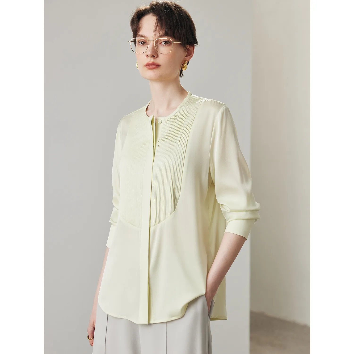 

Pure Color Silk irt Women's round Ne Dstring Traditional Jiangsu Clothing Spring Summer New Sle Soft Silk Material