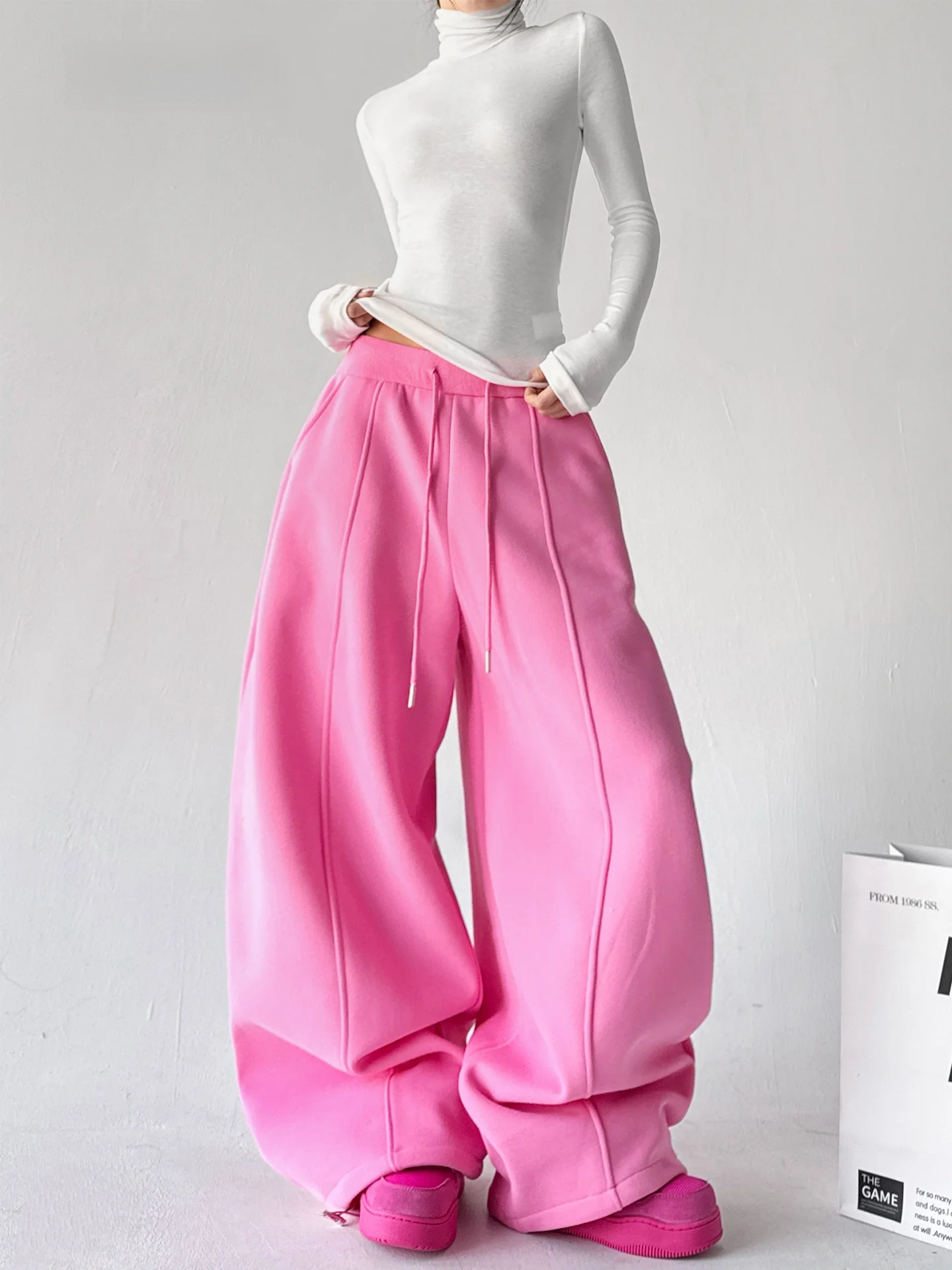 

Laid-ba Sle Pink Wide Leg Sweatpants Women's Loose High Waist Slimming Spor Casual Pants Winter Faion Ladies' Clothing
