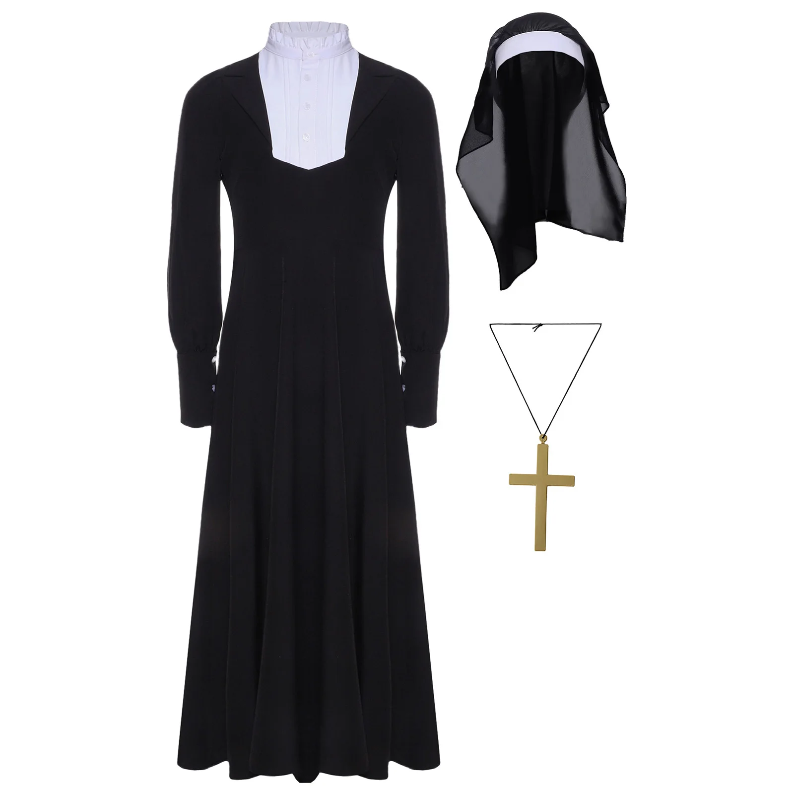 Детский костюм монахини для девочек, карнавальный костюм на Хэллоуин, платье с длинными рукавами, халат с вуалью, христианская католическая религия, миссионерское праздничное платье