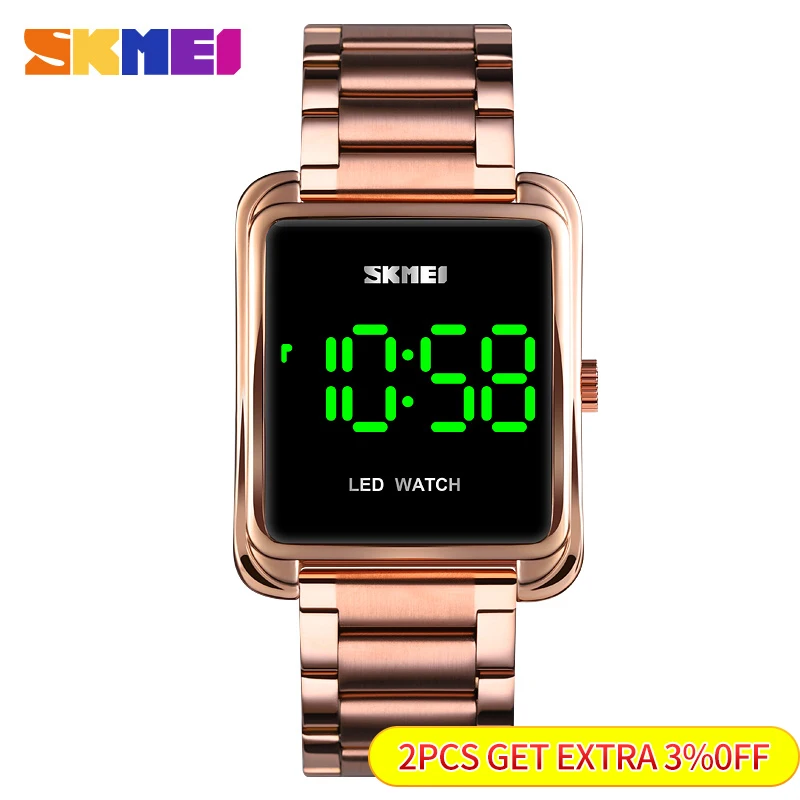 SKMEI LED Digital Watch 30M Waterproof Date Steel Belt Lady Digital Wristwatches Stainless Steel Strap Thin Electronic Clock