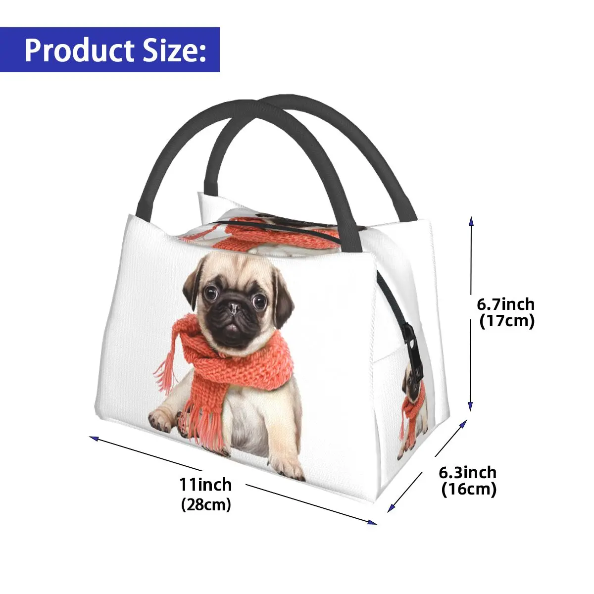 Winter Funny Fawn Pug Funny Dog Lover Insulated Lunch Bag for Women Kids Portable Food Boxes Thermal Lunch Box Tote