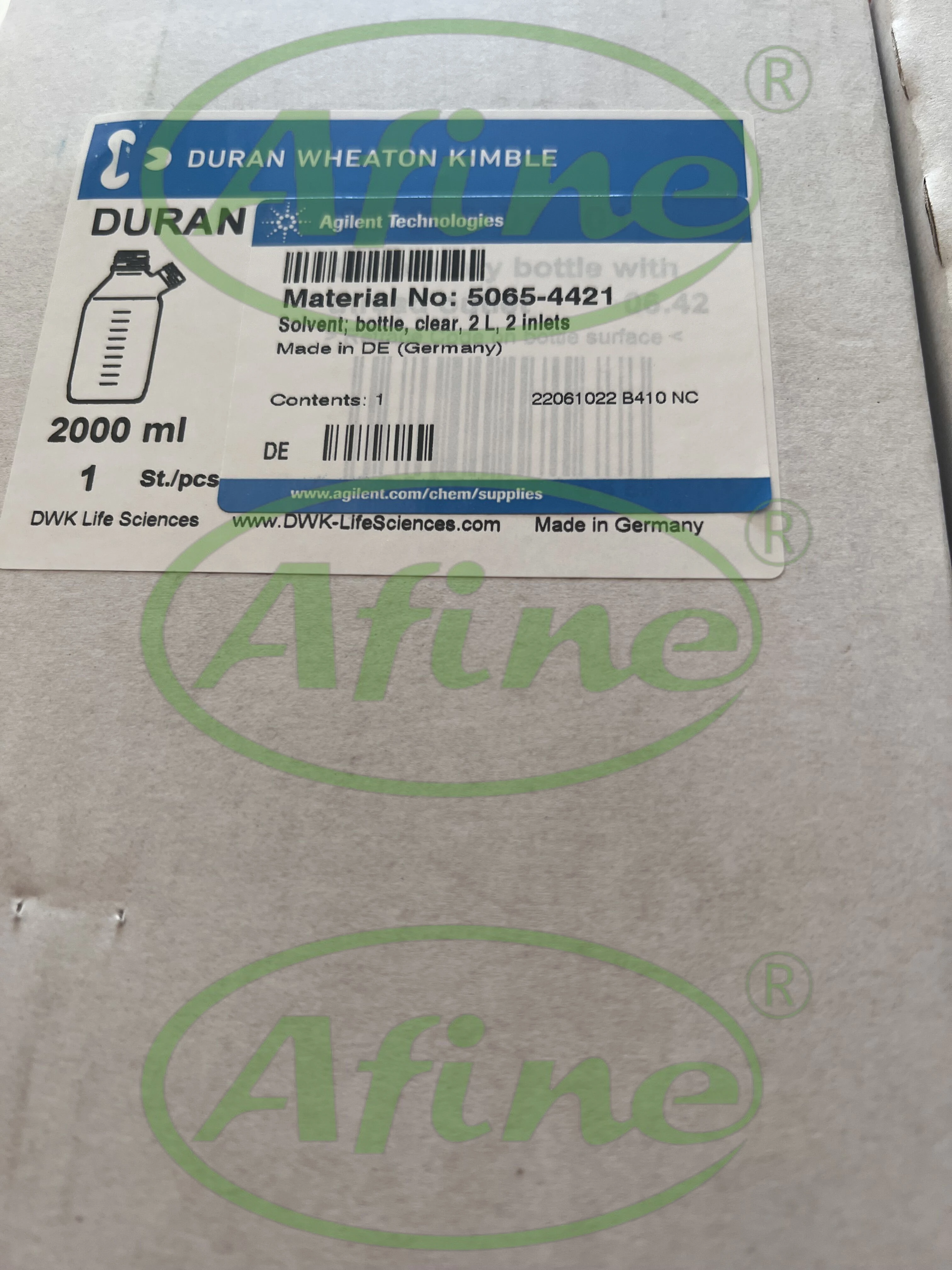 AFINE Agilent 2L Clear Solvent Bottle (GL45) for 5065-4421, 2 Inlets, with Cap