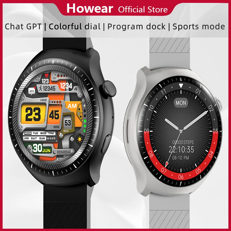 Howear Watch 4 Pro ساعة ذكية للرجال متصلة الدردشة GPT NFC الرياضة الخارجية بلوتوث مكالمة وحدة تحكم بالموسيقى العبرية دائما على الاتصال الهاتفي