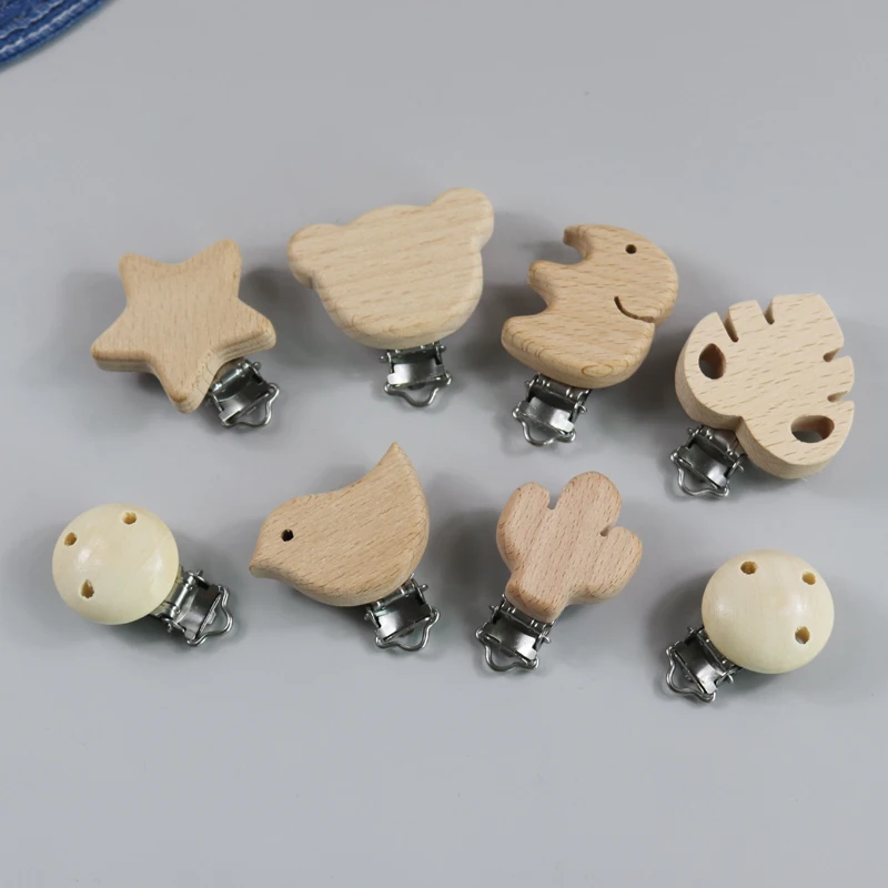 Wholesale stainless beech wood pacifier clip bear star cactus paci clips natural wood baby toy holder