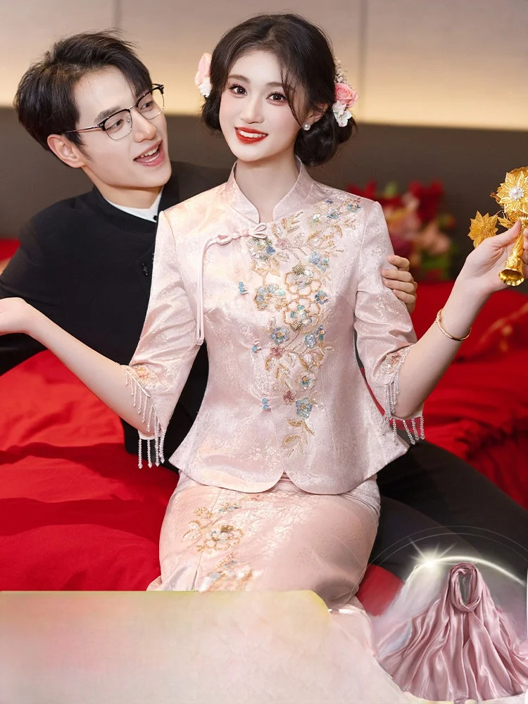 

Ele New Chinese Sle Wedding Dr Evening Gown Fi Tail Skirt Long Sve Floral Embroidery Mid-Length Qipao for Engag...