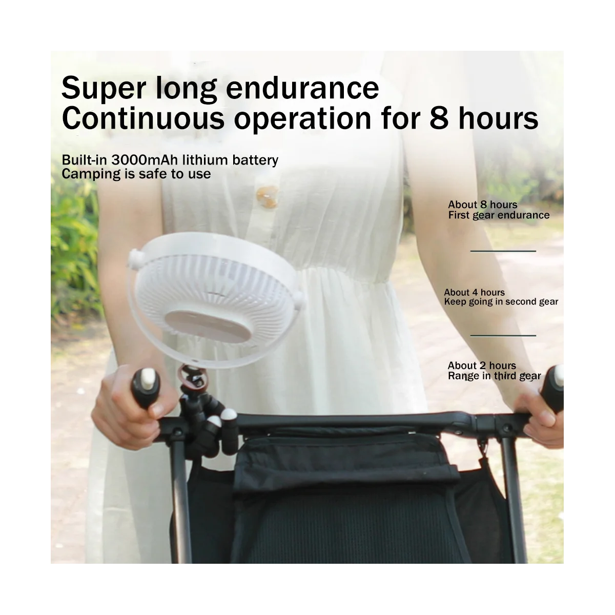 Outdoor Camping Tent Ceiling Fan 3000MAh Rechargeable 3-Gear Suspended Mosquito Net Desktop Fan in Dormitory-Black-HIM