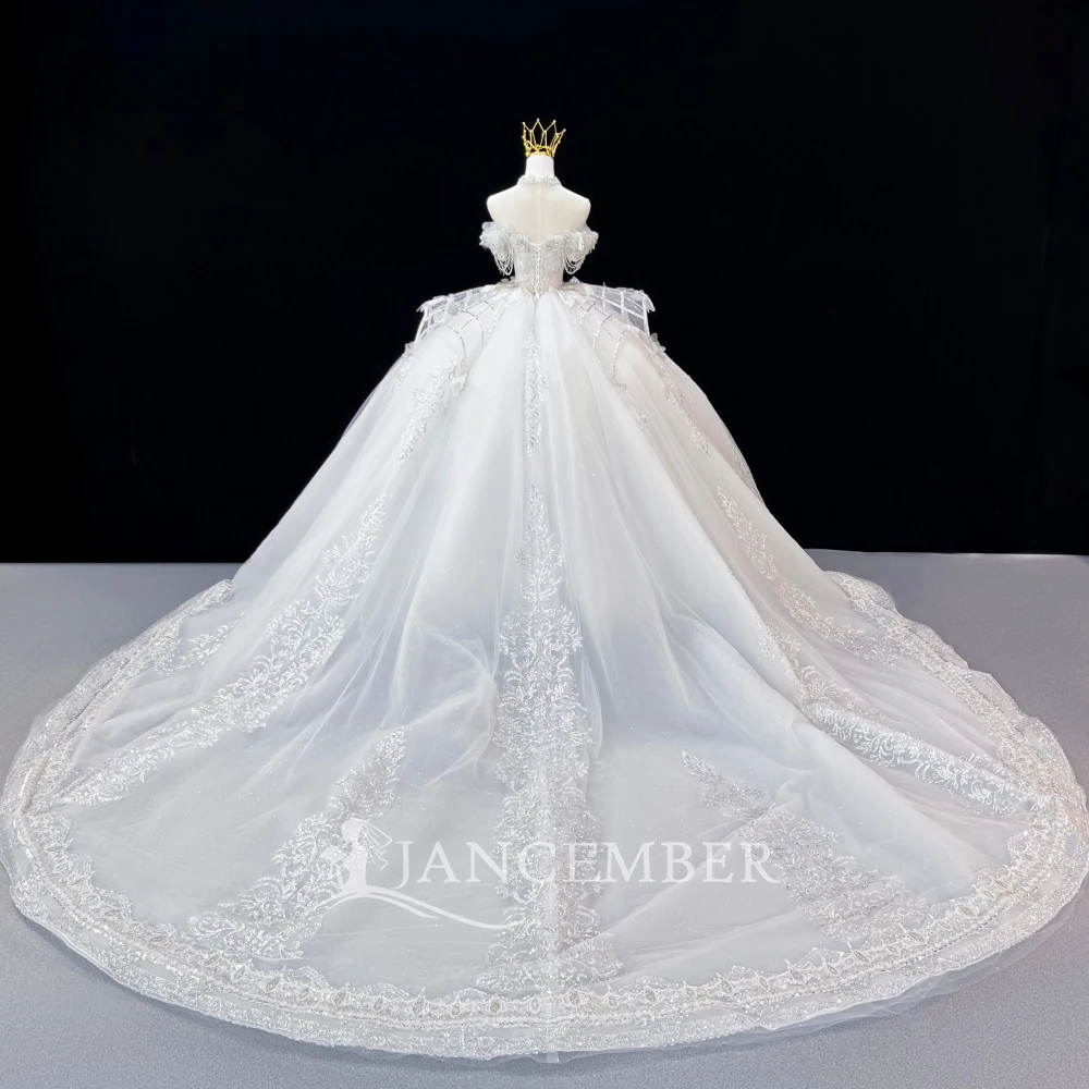 Customized Off Shoulder Scoop Neck Beaded Wedding Dresses Tassel Ball Gown Princess Short Sleeve Bridal Gown Vestido De Novia