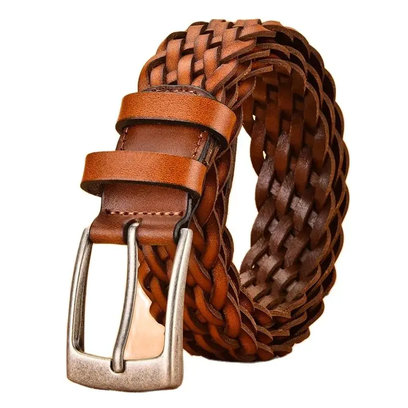 Men full Grain Genuine Leather Belts gift box knitting SIZOC Man woven Genuine Leather Belt