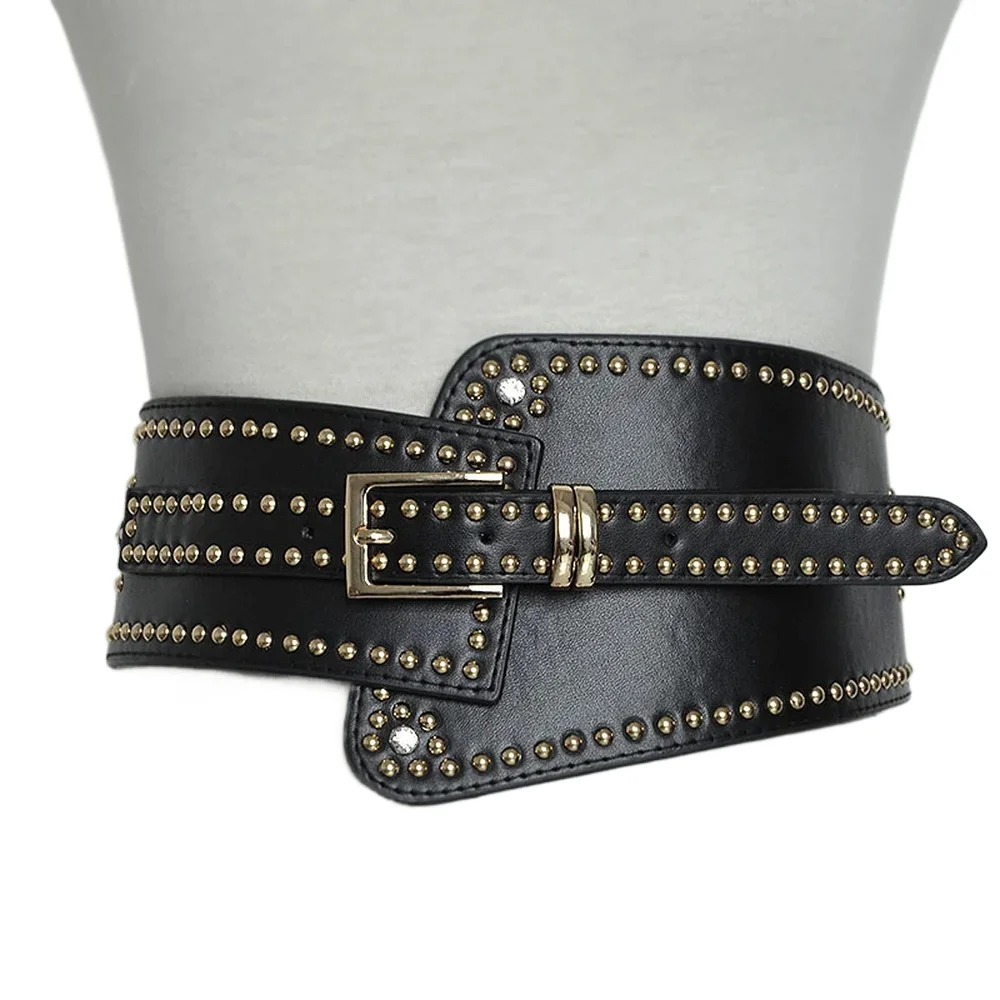 

LA SPEZIA Faux Leather Belts for Ladies Black Wide Belts for Dresses Women Cummerbunds Rivets Red Fashion Corset Golden Buckle